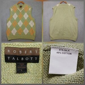 Robert Talbott Argyle Sweater Vest Men L Green Silk Cotton Made in Hong Kong‎